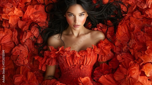Fotografie Beautiful woman with long black hair lies on red flowers wearing a red dress