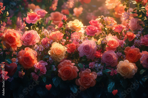 vibrant display of colorful roses and flowers creates romantic atmosphere, perfect for Valentine Day celebrations. soft lighting enhances beauty of blooms, evoking love and joy