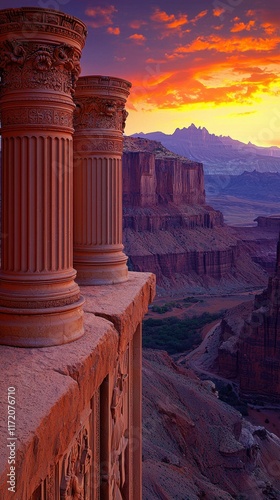 A dramatic desert landscape with towering sandstone arches and a vibrant sunset painting the sky in fiery hues. The sandy ground is dotted with cacti and rocks, creating a rugged and captivating  photo