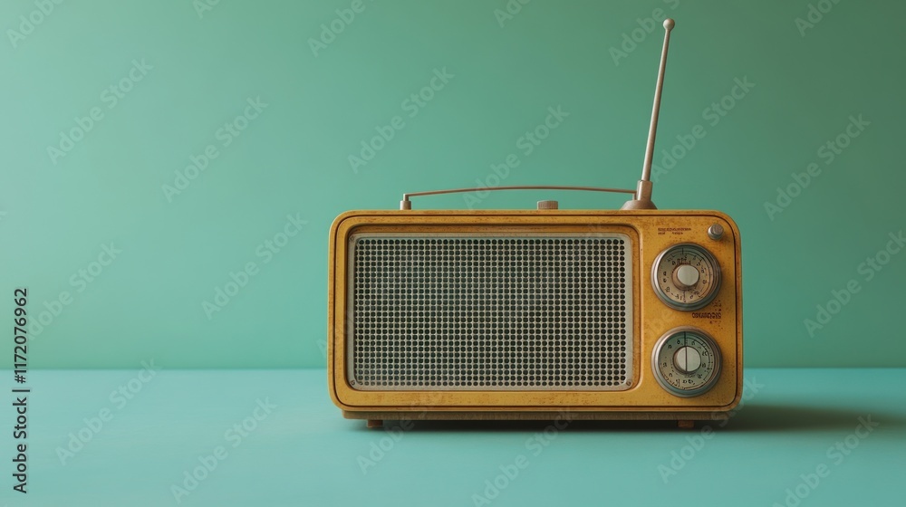 Obraz premium Vintage radio on teal background.