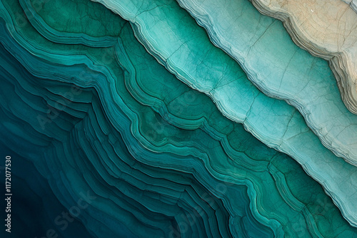 Abstract teal, blue, and beige wavy layers.