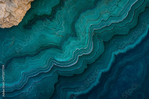 Abstract teal and blue layered marble texture.