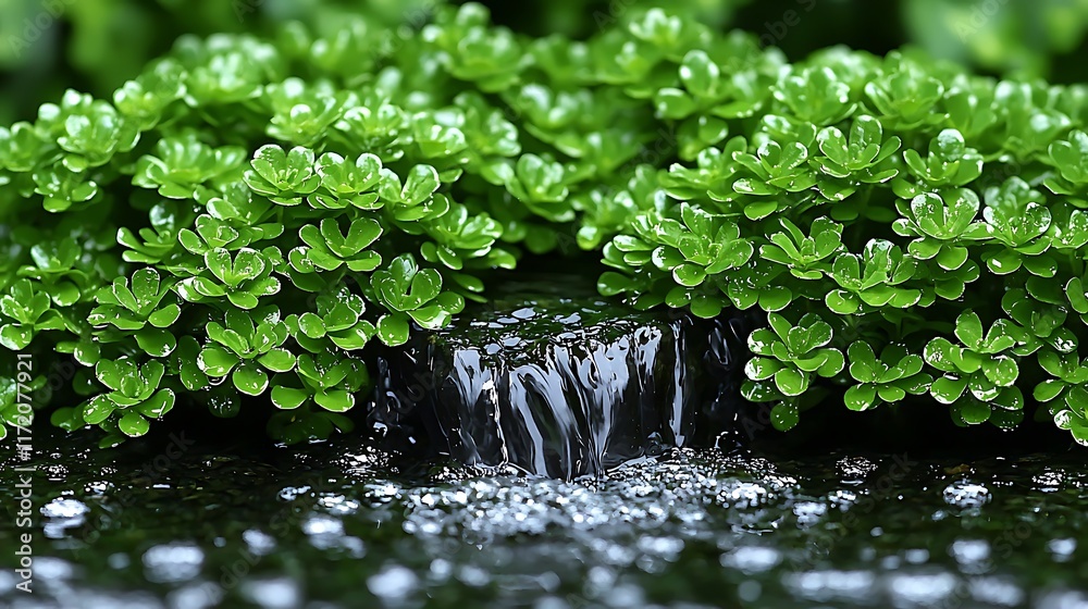 Lush Green Plants Frame Tiny Waterfall Scene Lush Green Plants Frame Tiny Waterfall Scene