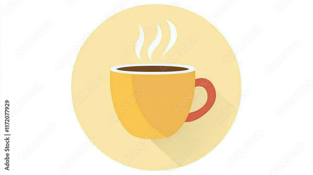 Obraz premium A simple illustration of a steaming yellow coffee cup on a circular background.