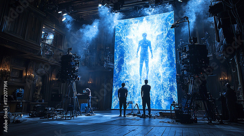 Film crew filming a scene with a large screen displaying a glowing human figure.