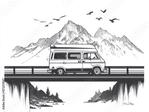 minimalist design of camper van crossing bridge with mountains and birds in background evokes sense of adventure and freedom photo