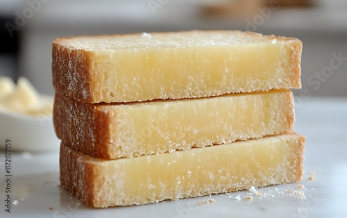 Buttered toast slices, kitchen counter, breakfast, food photography.