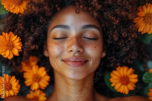 Jovem com sorriso singelo, expressando paz e tranquilidade photo