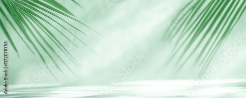 Empty green studio table with palm leaves background for product placement