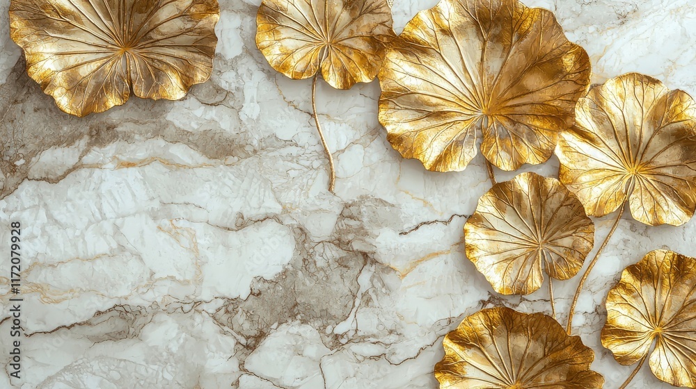 Golden lotus leaf motifs on a marble-textured background for an elegant wallpaper Golden lotus leaf motifs on a marble-textured background for an elegant wallpaper