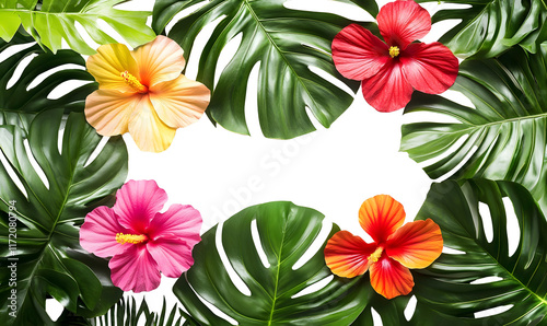Vibrant hibiscus flowers and tropical leaves frame a black background.