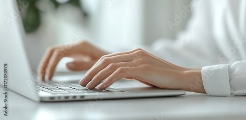 A woman is typing on a laptop with her hands on the keyboard