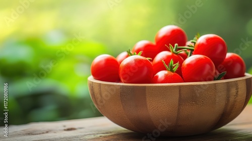 A bowl with cherry tomatoes and avocado on a rustic wooden table.