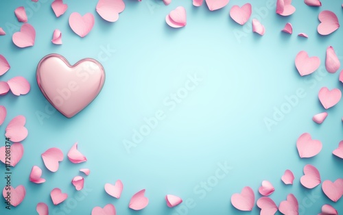A vibrant heart rests amidst delicate pink petals, set against a calming blue background, symbolizing love and romance for Valentine's Day.
