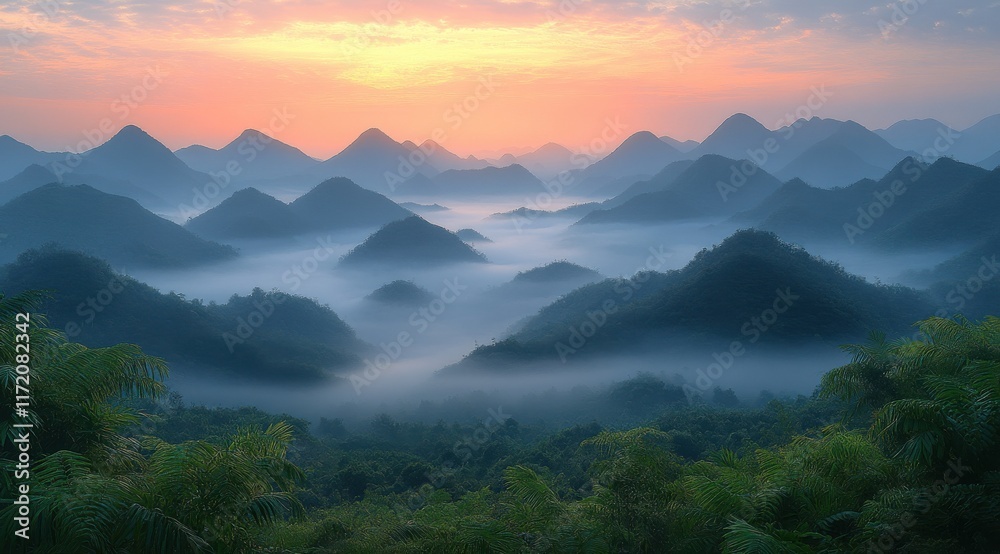 Obraz premium panoramic view of the foggy mountains at dawn, with soft hues of orange and pink in the sky