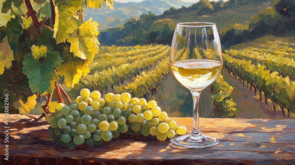 Naklejka premium 52.Glass of chilled white wine on a wooden table, next to a lush bunch of green grapes, framed by a sprawling vineyard under bright sunlight; the rustic table texture adds depth, while the vineyard