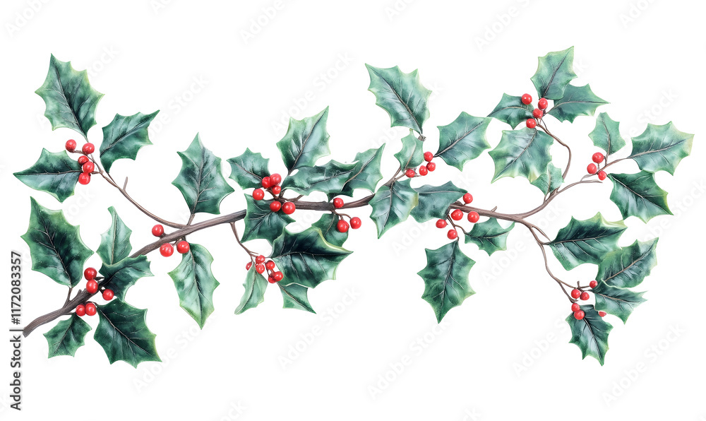 Fototapeta premium Watercolor holly branch with red berries and green leaves.