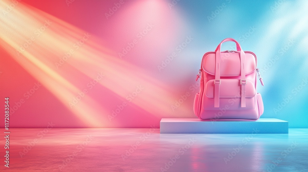 Obraz premium A stylish pink backpack displayed on a pedestal with colorful lighting.