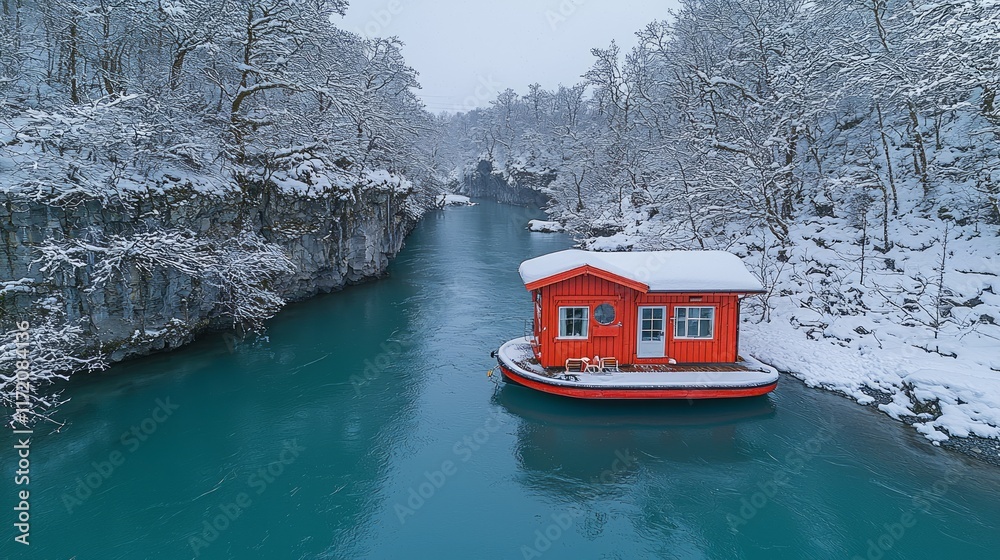Naklejka premium Red cabin boat on turquoise river, snow covered winter landscape.