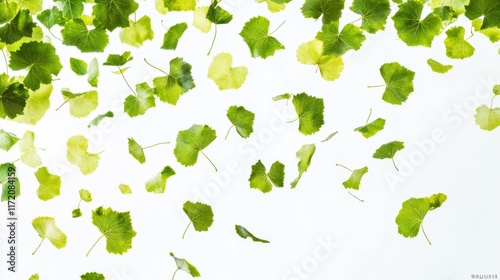 67.Bright green grape leaves suspended in the air on a pure white background, each leaf showing detailed texture and color; the leaves appear to be gently falling, adding a sense of movement and