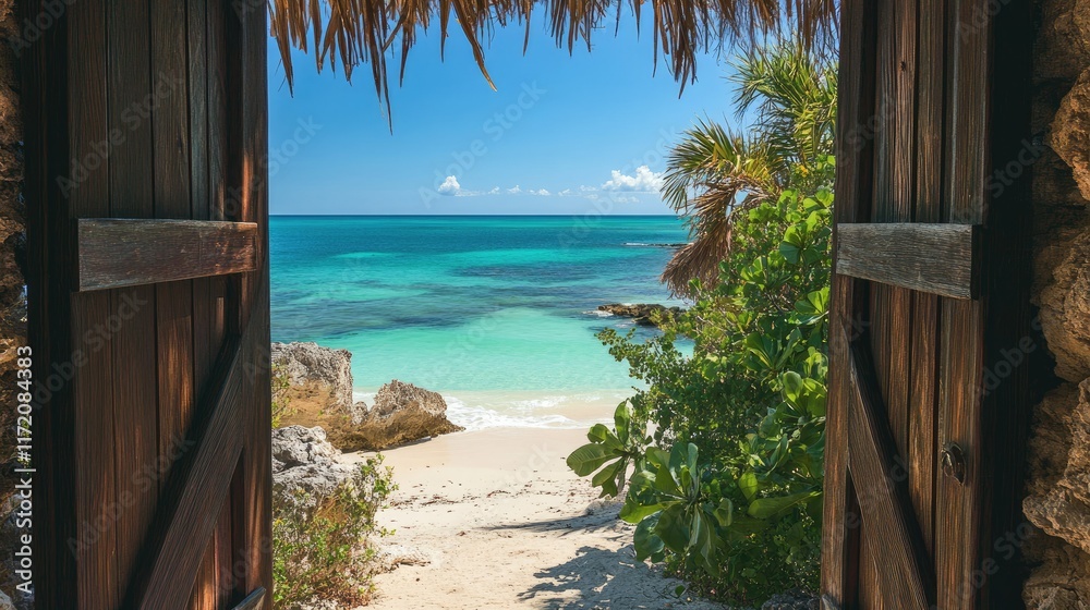 custom made wallpaper toronto digitalA stunning tropical beach with turquoise water and palm trees framed by a traditional wooden door, inviting relaxation