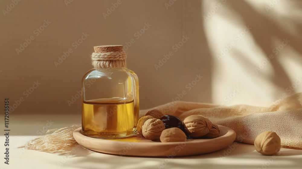 The cosmetics in the bottle are made from plant nuts The cosmetics in the bottle are made from plant nuts