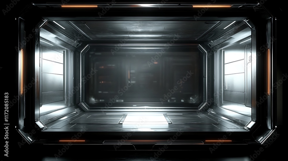 Fototapeta premium Futuristic Metal Corridor Interior Spacecraft Design