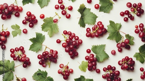 9.Fresh red grapes with a scattering of green grape leaves arranged flat against a white background, each grape polished and glowing; composition highlights the rich color of the fruit and the