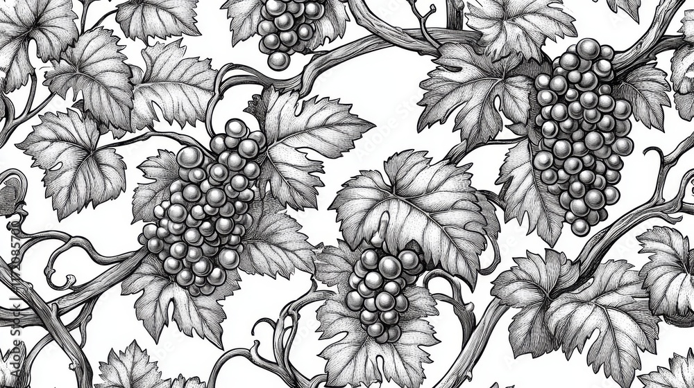 86.A seamless, intricate pattern featuring grapevines, leaves, and branches drawn with thick, elegant lines; the grapes and leaves intertwine gracefully, creating a classic, decorative linework 86.A seamless, intricate pattern featuring grapevines, leaves, and branches drawn with thick, elegant lines; the grapes and leaves intertwine gracefully, creating a classic, decorative linework