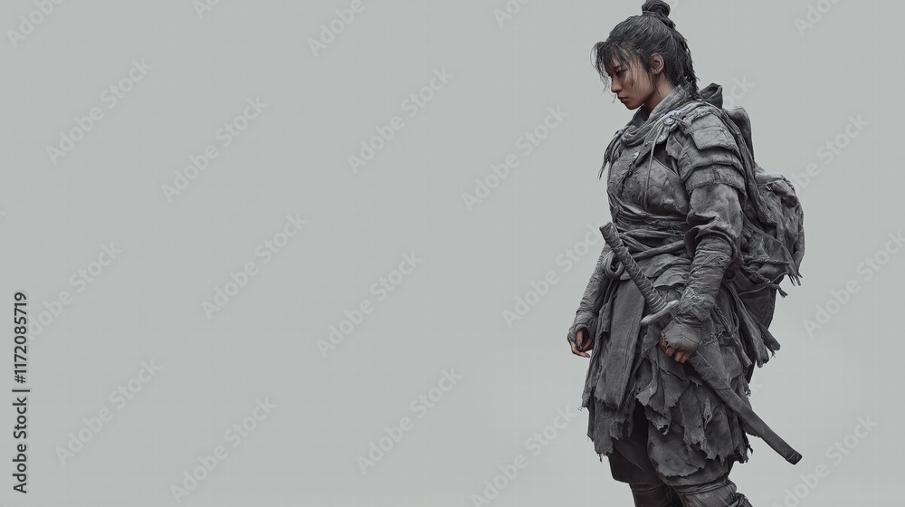 Fototapeta premium Solemn Female Warrior in Tattered Armor