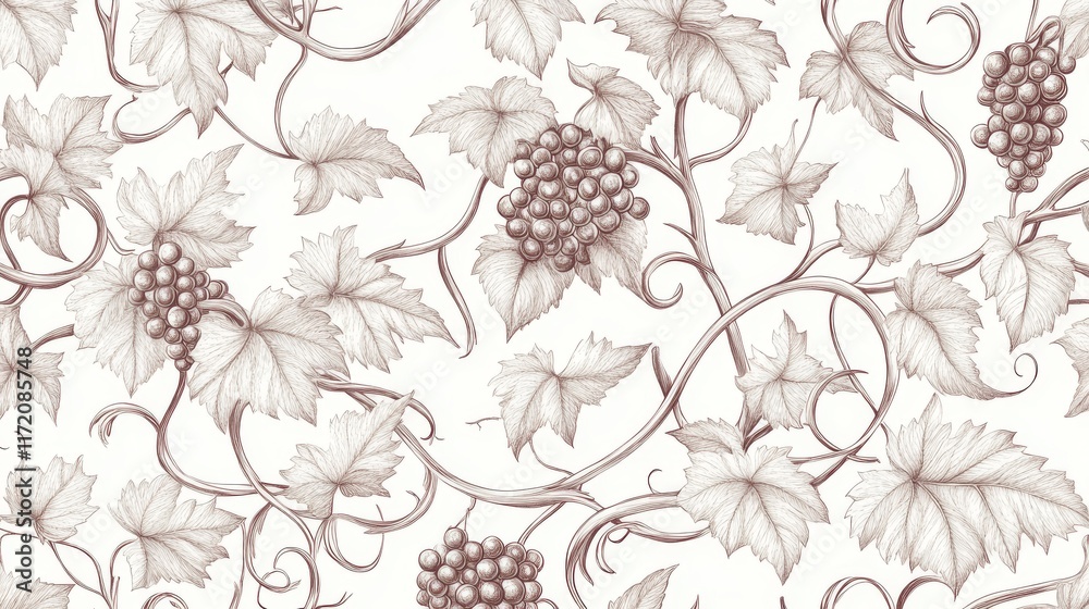 86.A seamless, intricate pattern featuring grapevines, leaves, and branches drawn with thick, elegant lines; the grapes and leaves intertwine gracefully, creating a classic, decorative linework 86.A seamless, intricate pattern featuring grapevines, leaves, and branches drawn with thick, elegant lines; the grapes and leaves intertwine gracefully, creating a classic, decorative linework