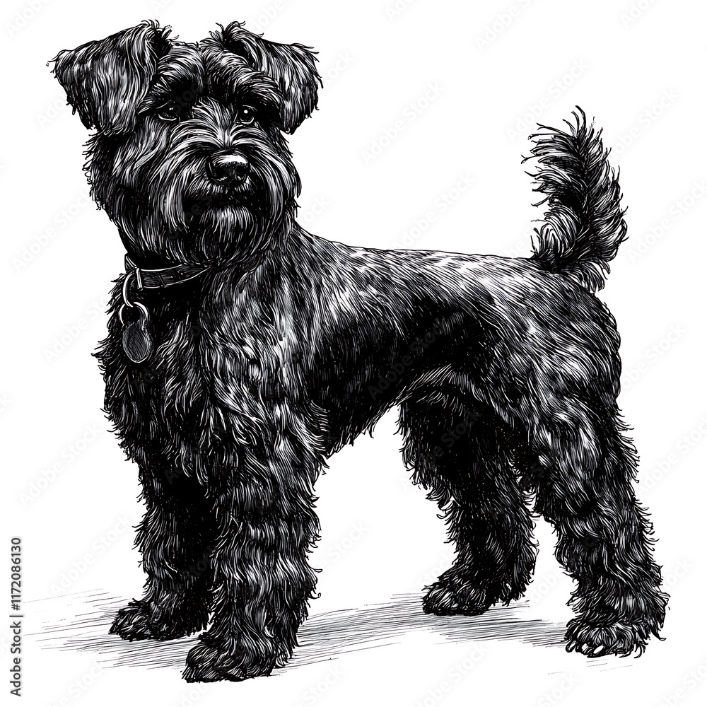 A Detailed Ink Drawing of a Miniature Schnauzer Dog, Standing with a Collar and Tag. A Detailed Ink Drawing of a Miniature Schnauzer Dog, Standing with a Collar and Tag.