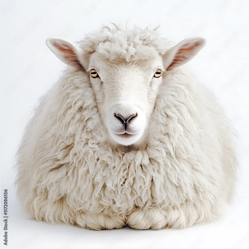 Fluffy white sheep, studio shot, calm pose, white background, for agriculture/textile use. Fluffy white sheep, studio shot, calm pose, white background, for agriculture/textile use.