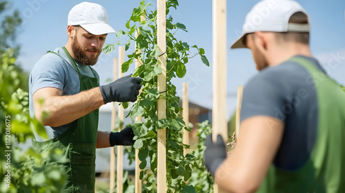 Gardening men setting up trellis for climbing plants in sunny garden photo