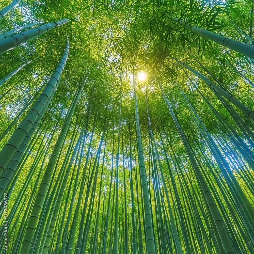 A forest of green bamboo trees with sunlight shining through the leaves A forest of green bamboo trees with sunlight shining through the leaves