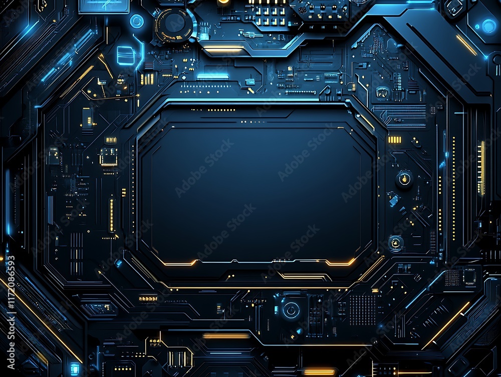 Fototapeta premium Futuristic Technology Circuit Board Design With Glowing Lines