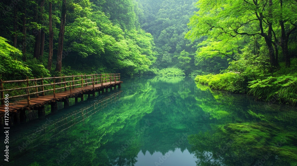 A tranquil forest river in springtime, with a wooden bridge spanning its width, reflecting perfectly on the still water surrounded by fresh greenery A tranquil forest river in springtime, with a wooden bridge spanning its width, reflecting perfectly on the still water surrounded by fresh greenery