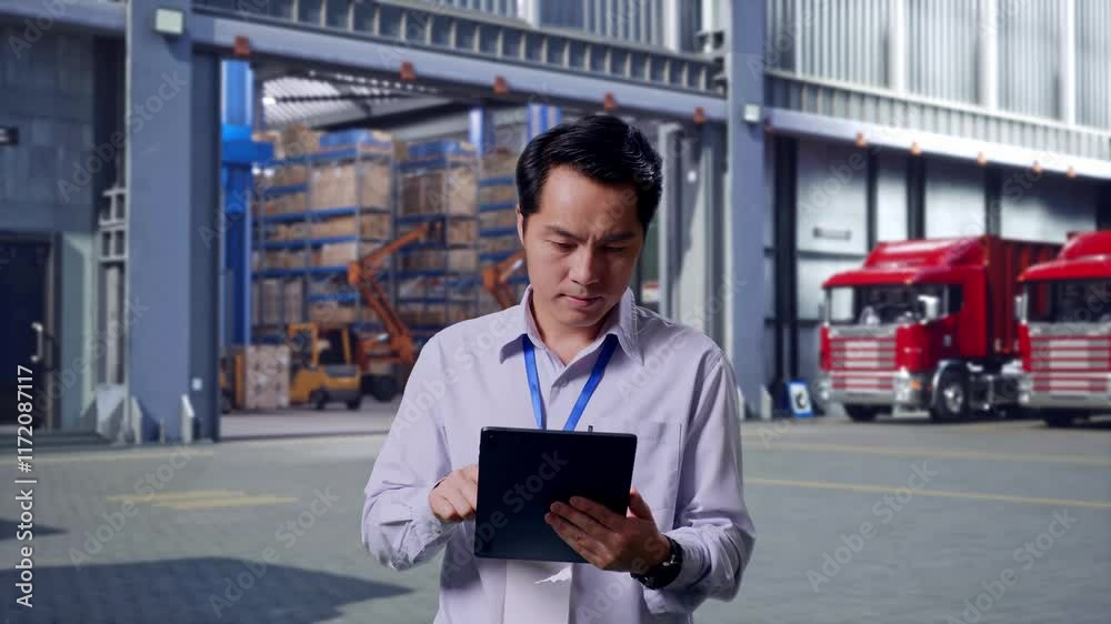 Asian Male Professional Worker Standing With His Tablet, Outside of Logistics Distributions Warehouse, Work Continuously With His Tablet Asian Male Professional Worker Standing With His Tablet, Outside of Logistics Distributions Warehouse, Work Continuously With His Tablet