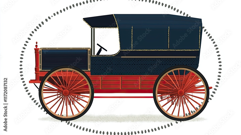 Naklejka premium A vintage-style illustration of a horse-drawn carriage with large wooden wheels.