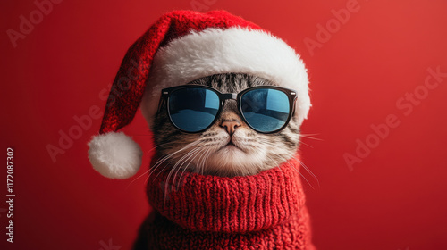 Festive cat wearing Santa hat and sunglasses, cozy in red sweater, exuding holiday cheer and charm. Perfect for Christmas celebrations and winter fun