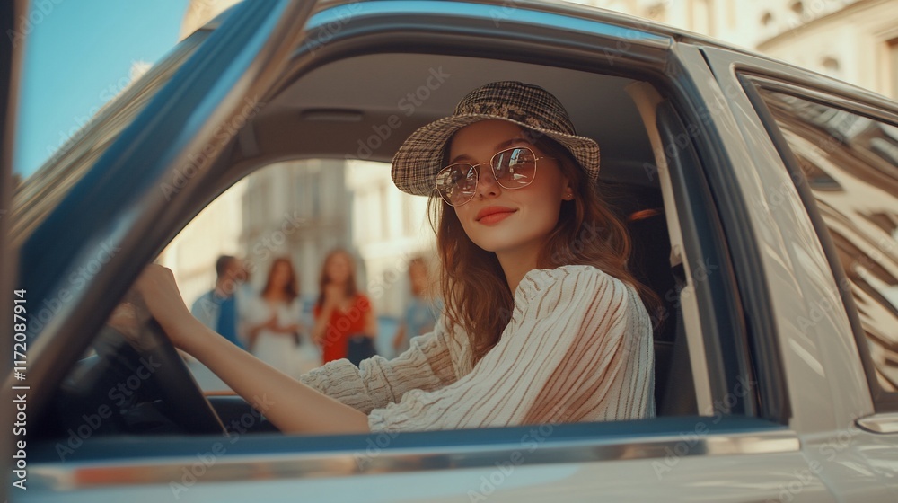 Fototapeta premium Young woman driving car, friends in background.