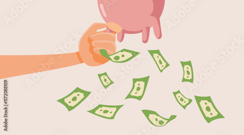 Funny Cash Cow Conceptual Illustration Design Illustration. Hand milking the symbolic udder of an investor budgeting project