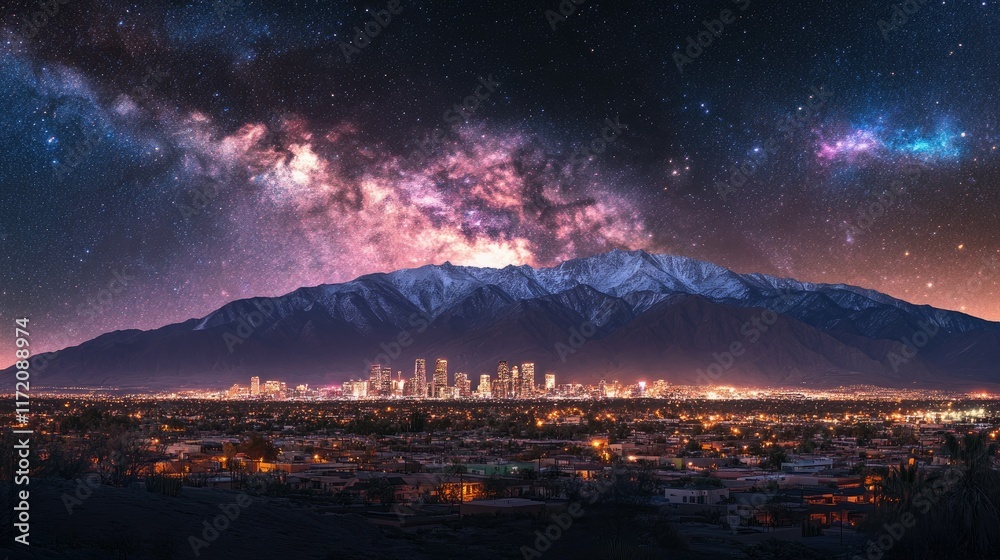 Fototapeta premium A vibrant urban skyline lit up at night, with the Milky Way and mountains forming a dramatic backdrop.