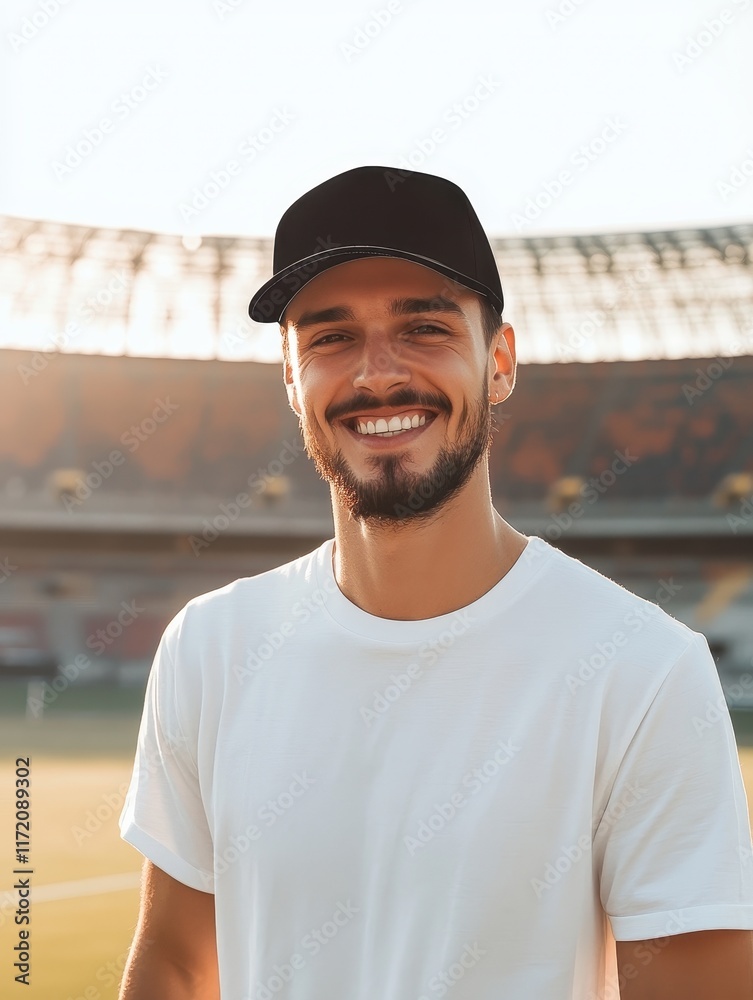 Man wearing blank black cap mockup on stadium background Man wearing blank black cap mockup on stadium background