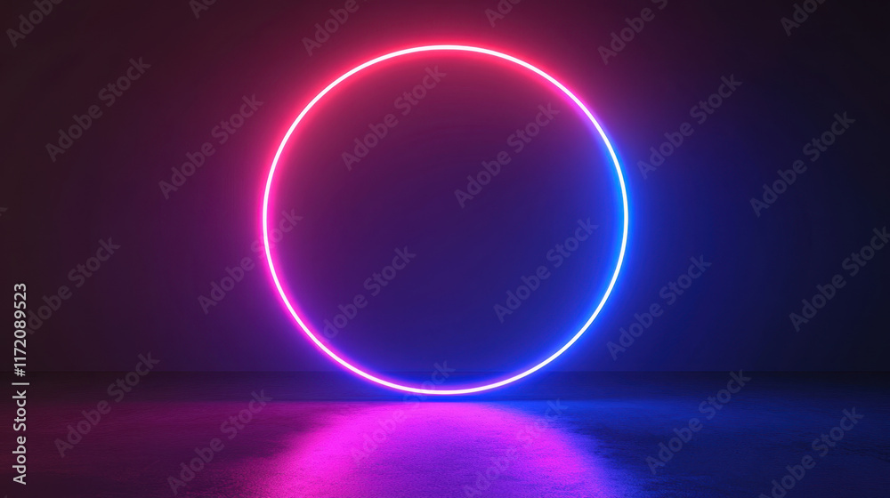 vibrant neon circle glows in pink and blue against dark background, creating futuristic and cyberpunk atmosphere. reflection on surface enhances visual impact vibrant neon circle glows in pink and blue against dark background, creating futuristic and cyberpunk atmosphere. reflection on surface enhances visual impact