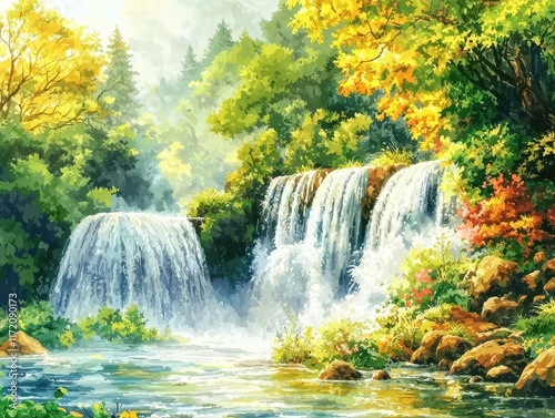 A stunning waterfall cascading down a rocky cliff into a crystal-clear pool below. The surrounding forest is lush with vibrant green foliage, and the mist from the falls catches the sunlight, 