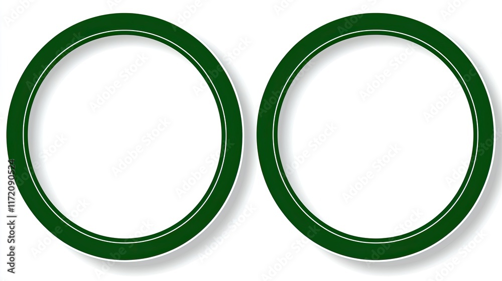 Two empty circular frames with green borders, suitable for displaying content or images. Two empty circular frames with green borders, suitable for displaying content or images.