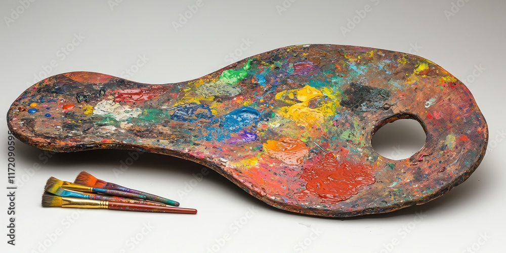 Obraz premium Close-Up of Artist Palette Showcasing Colorful Oil Paints and Brushes