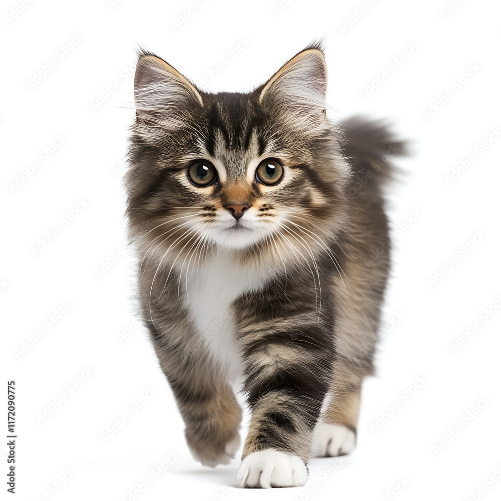 Obraz premium Cute kitten walking forward, white background. Pet adoption, website banner.