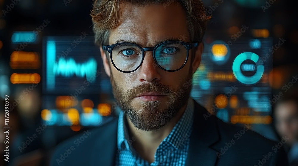 Focused businessman with glasses in front of digital displays. Focused businessman with glasses in front of digital displays.